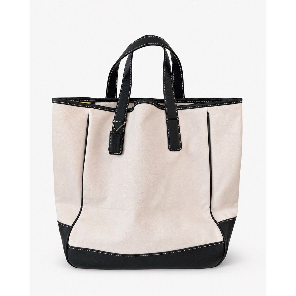 Coach Hamptons Tote Bag 7707 Black Ivory Canvas Leather Large Vintage 2005